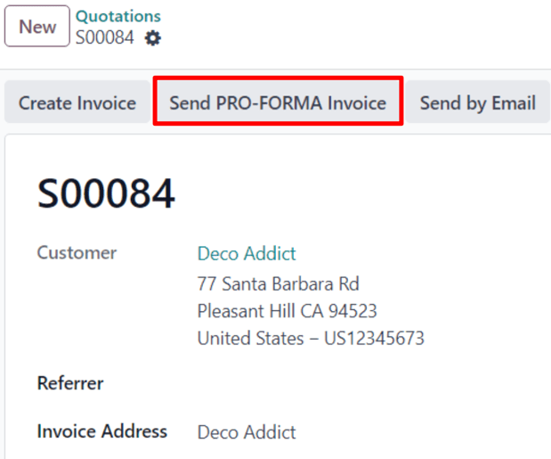 Die Schaltfläche „Pro-forma-Rechnung senden“ auf einem typischen Verkaufsauftrag in Odoo Verkauf.