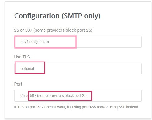 SMTP-Konfiguration von Mailjet.