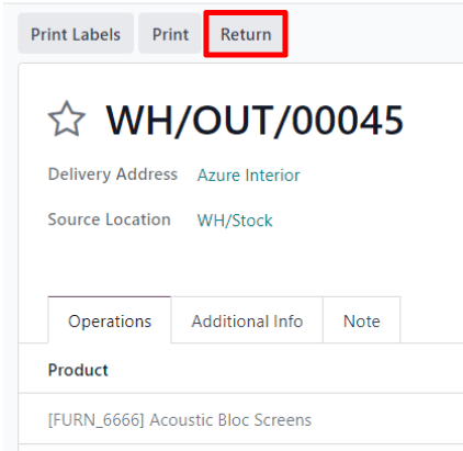 A validated delivery order with a highlighted Return button in Odoo Sales.