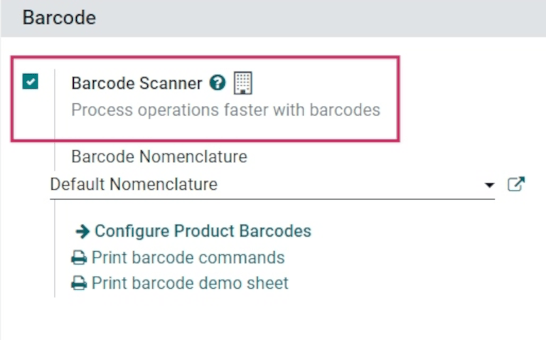 Activar la función de código de barras en los ajustes de la aplicación Inventario.