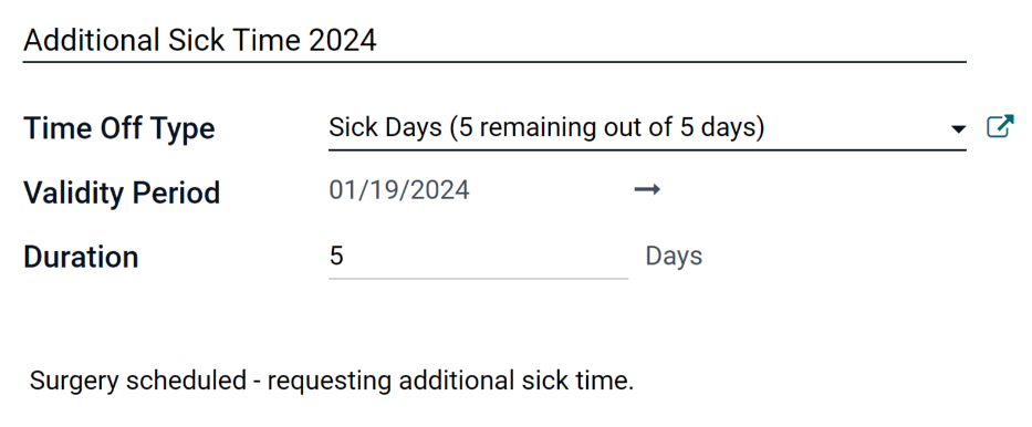 Un formulario de solicitud de asignación completo de un empleado que solicita una semana más de tiempo personal por enfermedad.