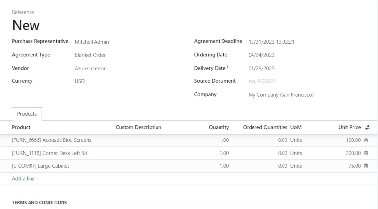 Un nuevo contrato de compra de orden abierta con productos agregados. 