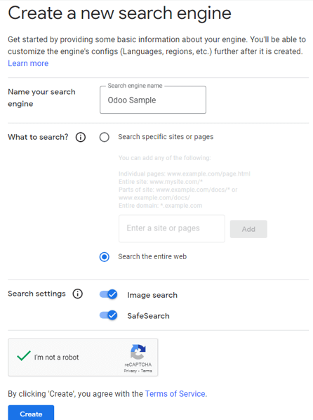 El formulario para crear un nuevo motor de búsqueda que aparece al configurar el motor de búsqueda.