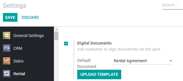 Ajustes de documentos digitales en la aplicación Alquiler de Odoo
