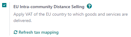 Función "venta a distancia intracomunitarias en la UE" en los ajustes de la aplicación Contabilidad de Odoo.