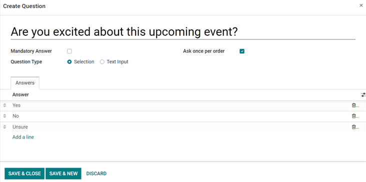 Vista de un formulario de evento, en la pestaña de preguntas para agregar una pregunta.