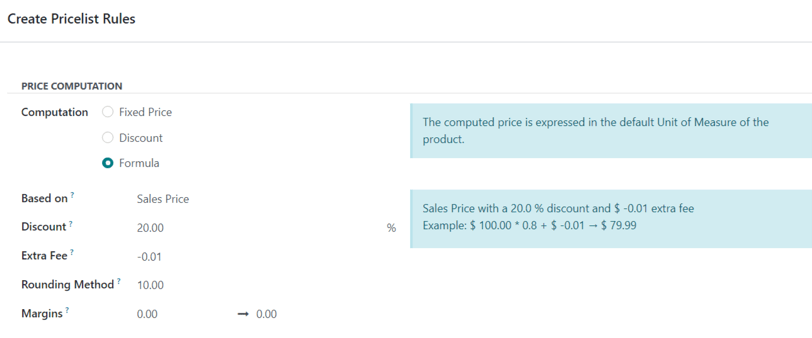 Ejemplo de un descuento del 20% con precios redondeados a 9.99 en la aplicación Ventas de Odoo.