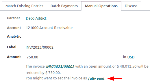 Haga clic en marcar como totalmente pagado para que la facture se marque como pagada. 
