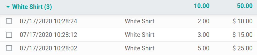 Vista de los lotes de camisas blancas en el reporte de valoración del inventario.