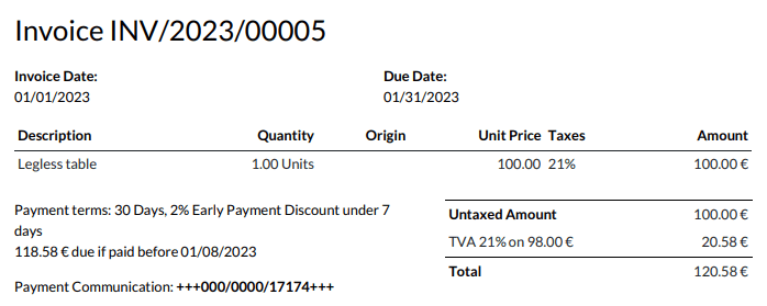 Una factura de €100.00 con el texto a continuación agregado como términos y condiciones: "30 días, 2% de descuento por pago anticipado antes de 7 días. El total es de €118.58 si se paga antes del 01/08/2023."