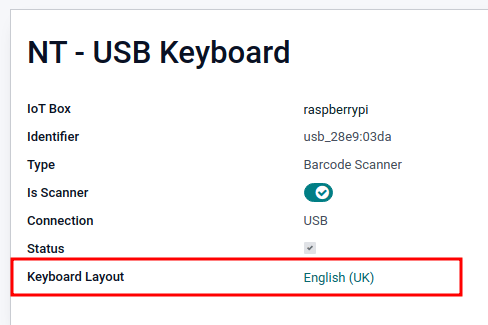 La página del formulario de lector de códigos de barras. La opción "Distribución del teclado" aparece dentro de un rectángulo rojo.