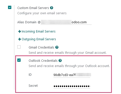 Credenciales de Outlook en los ajustes generales de Odoo.