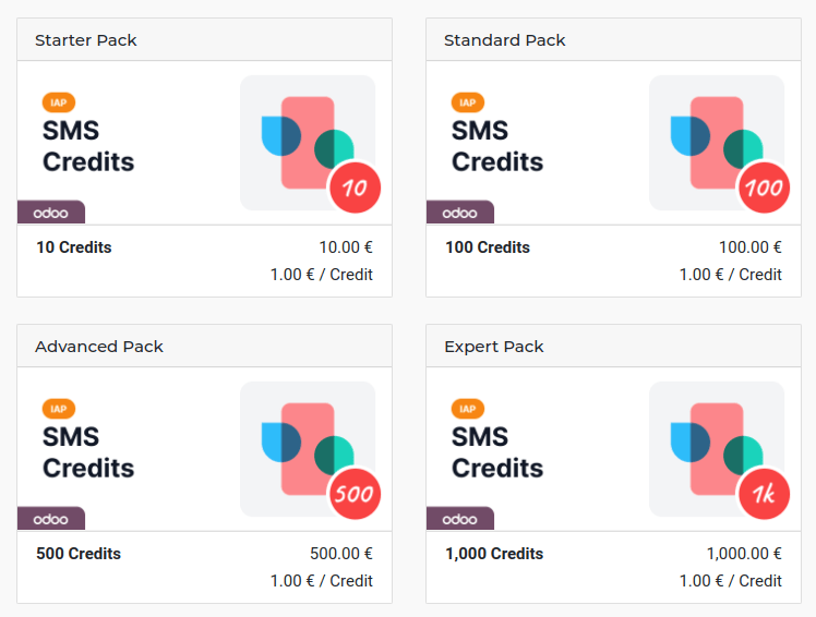 Four different packs of credits for the SMS IAP service.