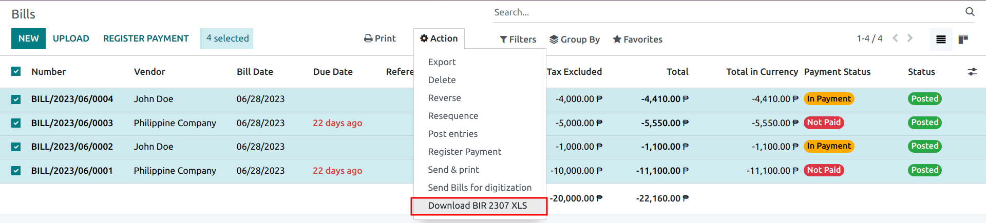 Selección de varias facturas de proveedor con la acción para "Descargar BIR 2307 XLS". 