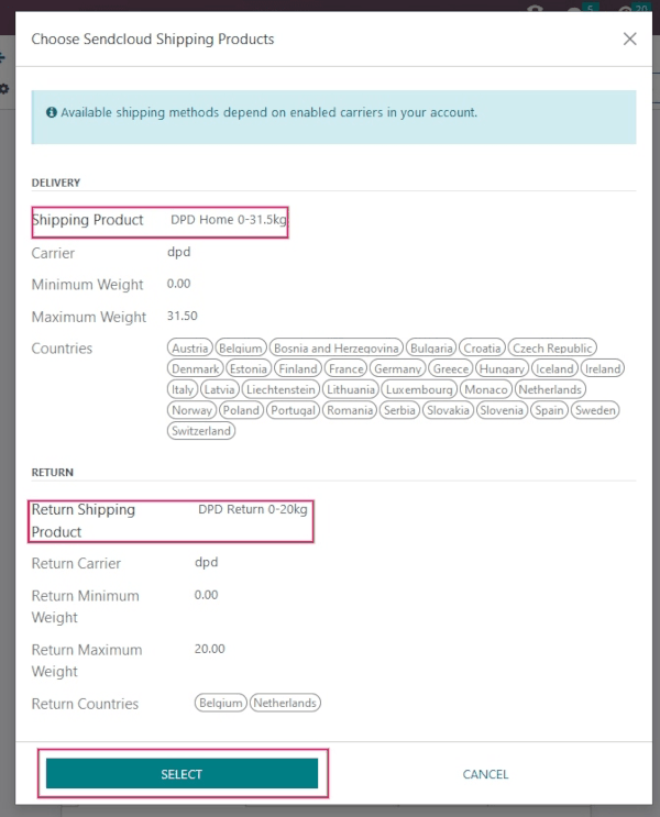 Ejemplo de productos de envío configurados en Odoo: