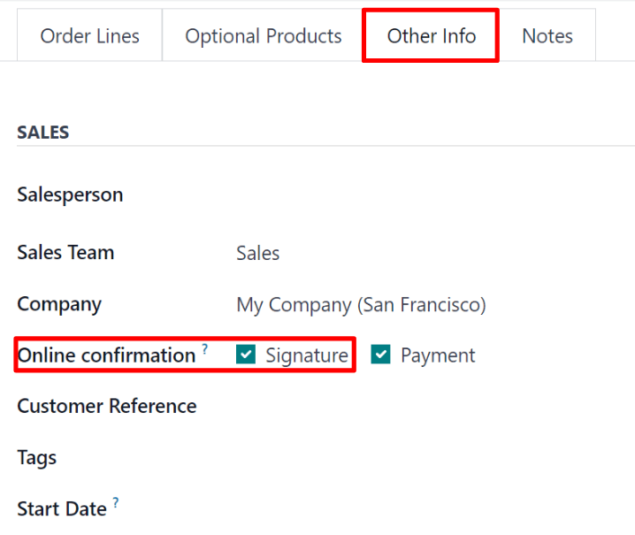 La opción firma de confirmación en línea en la pestaña Otra información en un formulario de cotización en Odoo. 