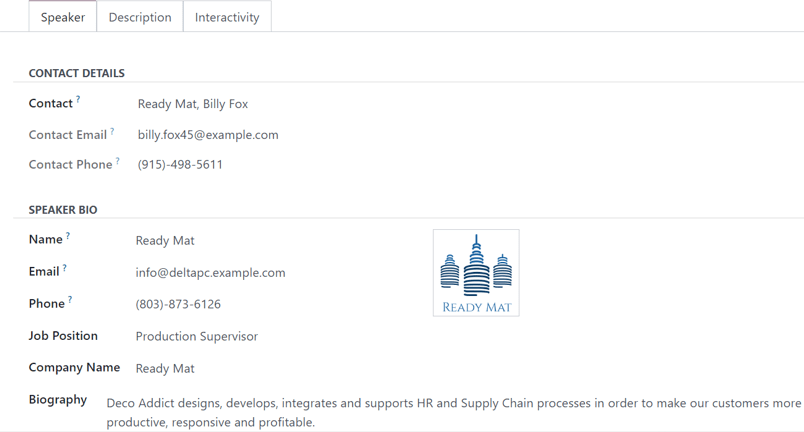 La pestaña Ponente en un formulario de sesión de evento en la aplicación Eventos de Odoo.
