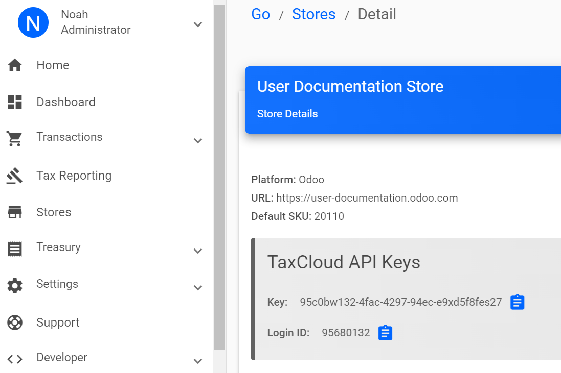 Ejemplo de claves API de TaxCloud de una tienda