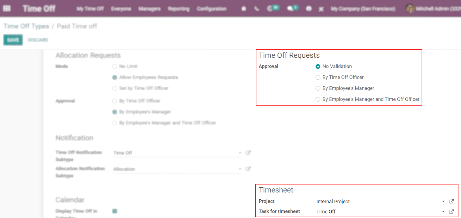 Vista del formulario de los tipos de tiempo personal en la que se destacan la aprobación de solicitudes de tiempo personal y la sección de hojas de horas en la aplicación de Tiempo personal de Odoo.