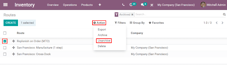 La acción desarchivar en la página Rutas.