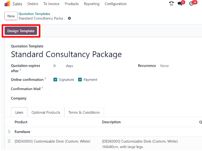Botón para diseñar una plantilla en la esquina superior izquierda del formulario de la plantilla de cotización.