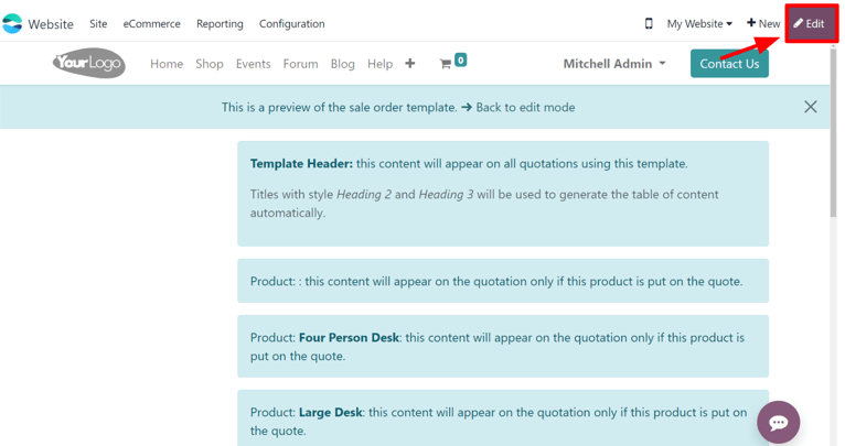Botón para editar ubicado en la esquina superior derecha de la página para diseñar una plantilla de cotización.