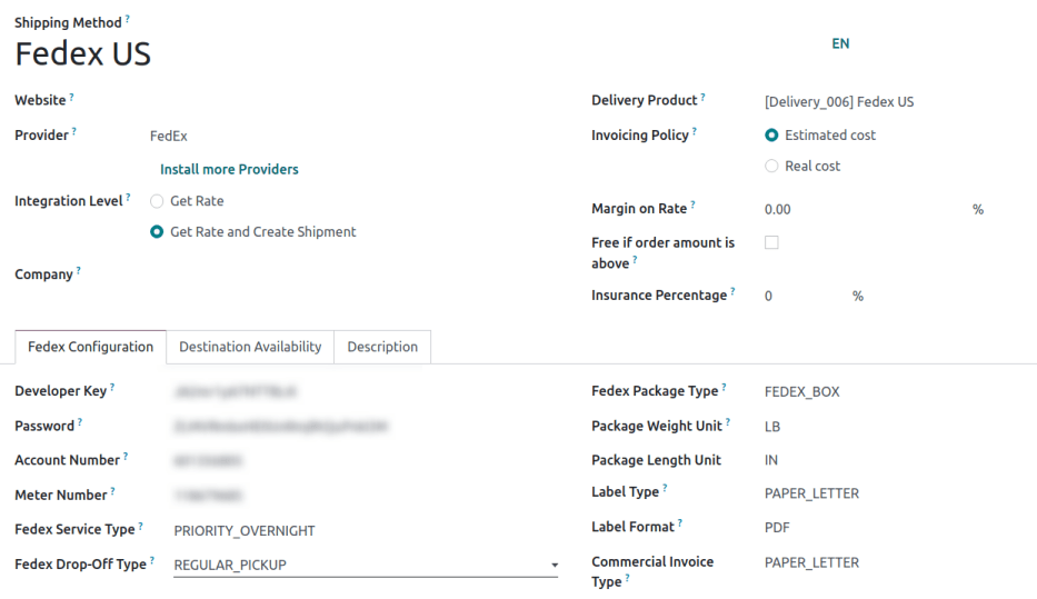 Captura de pantalla sobre el método de envío de FedEx.