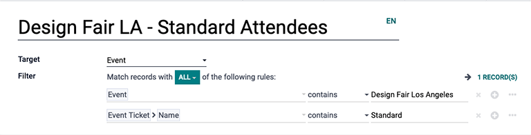 Un filtro de boleto de evento en la aplicación Automatización de marketing de Odoo.