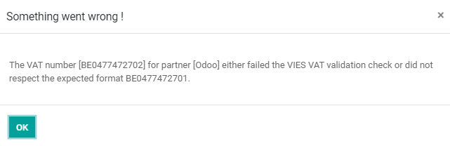 Cuando el número de identificación fiscal no es válido, Odoo muestra un mensaje de error en lugar de guardar