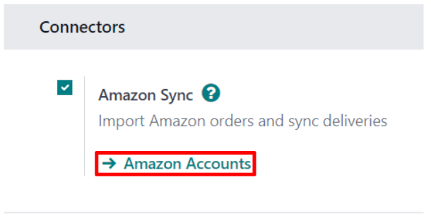 Le lien Comptes Amazon en dessous des paramètres de synchronisation Amazon dans Odoo Ventes.