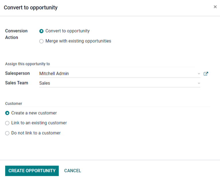 Fenêtre contextuelle permettant de créer une opportunité.