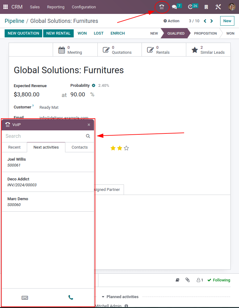 View of CRM leads and the option to schedule an activity for Odoo Discuss.