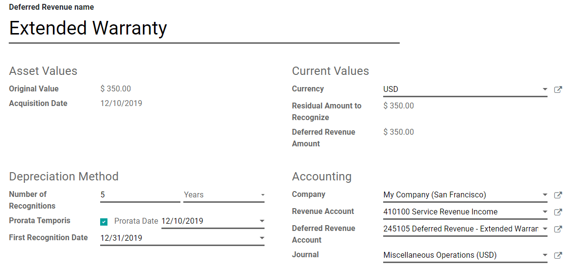 Écriture de produits constatés d'avance dans Odoo Comptabilité