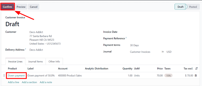 Un exemple de facture brouillon avec acompte mentionné dans Odoo Ventes.