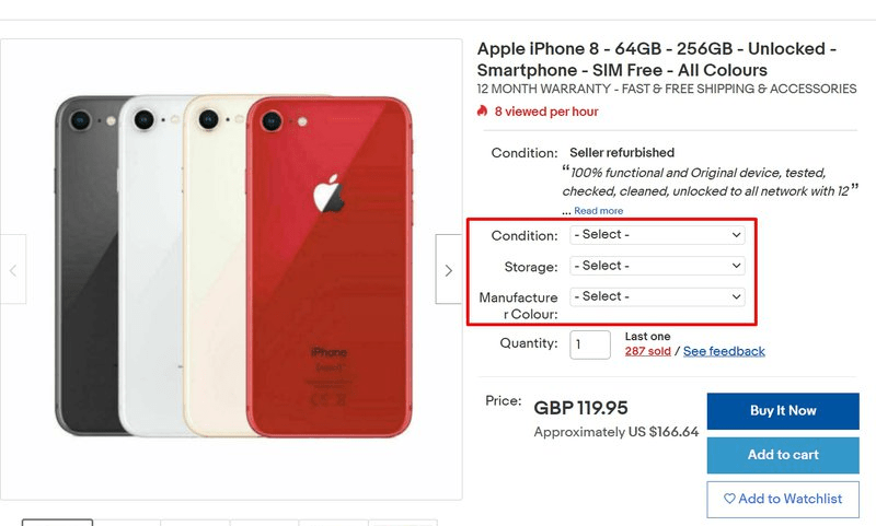 Un exemple sur eBay des versions qui peuvent être ajoutées à un produit.