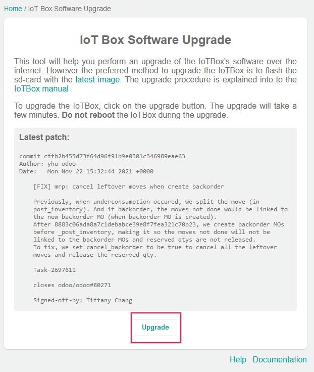Mise à niveau du logiciel de l'IoT Box depuis la page d'accueil de l'IoT Box.