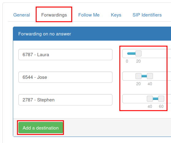 Manage forwarding calls to different users or phone numbers in the Forwardings tab.