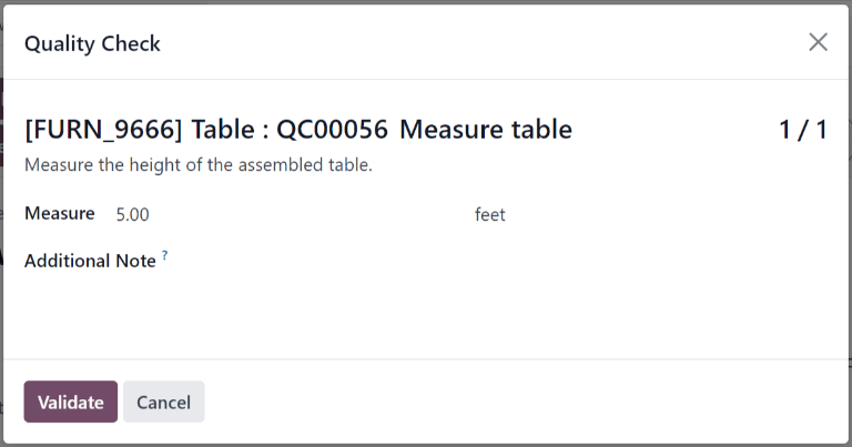 A Measure quality check pop-up window on a manufacturing or inventory order.