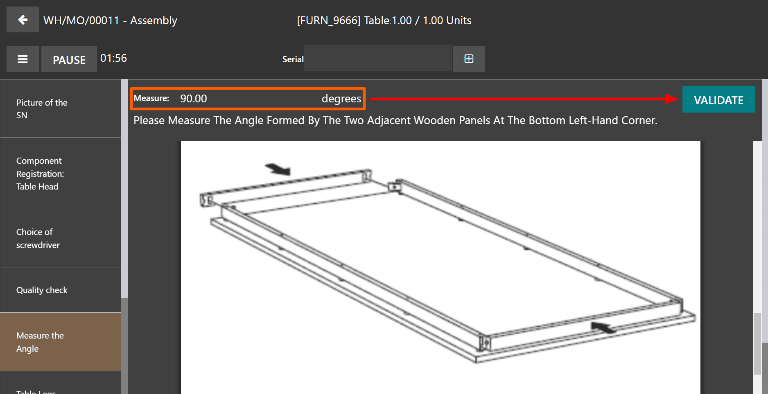 A Measure quality check in the Manufacturing tablet view.