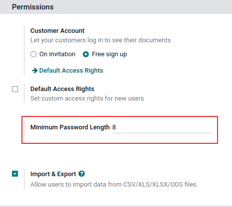 Minimum Password Length highlighted in the Permissions section of General Settings.
