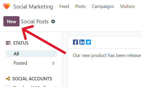 Bouton nouveau sur le page des Posts sociaux dans l'application Odoo Marketing social.