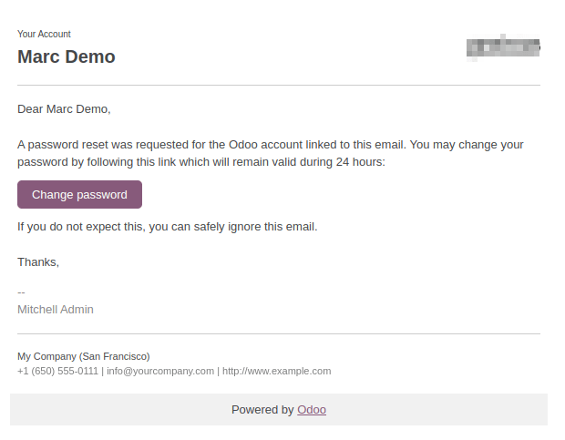 Example of an email with a password reset link for an Odoo account.