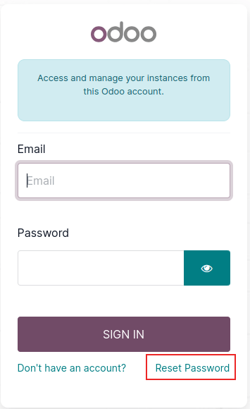 Login screen on Odoo.com with the password reset option highlighted.