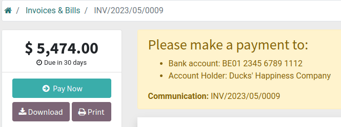 Instructions de paiement sur le portail client