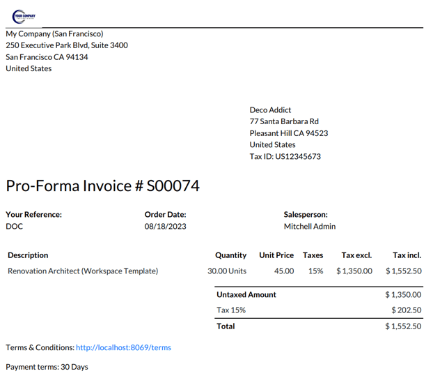 Exemple d'une facture pro forma au format PDF dans Odoo Ventes.