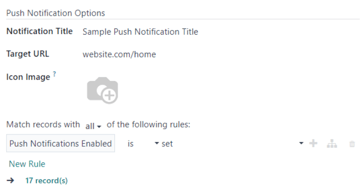 Les conditions de notification push sont configurées pour correspondre à un nombre spécifique d'enregistrements dans la base de données.