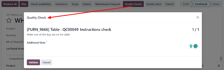 The Quality Check pop-up window on a manufacturing or inventory order.