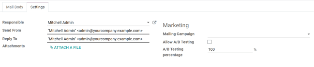 Vue de l'onglet paramètres dans Odoo Email Marketing lorsque les paramètres sont activés.