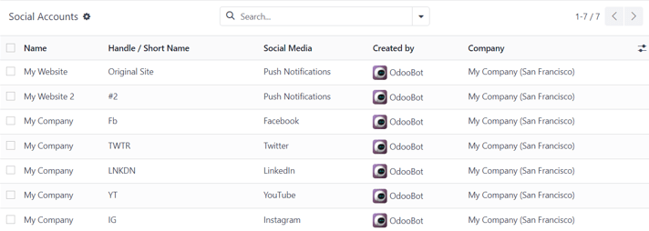 Vue de la page des comptes sociaux dans l'application Odoo Marketing social.