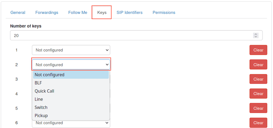Manage user page with Keys tab highlighted and number 2 key drop-down menu selected (with highlight)